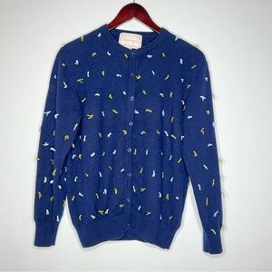 Lingua Franca Cashmere Cardigan Sweater Navy with Green Quilt Knots Womens Large